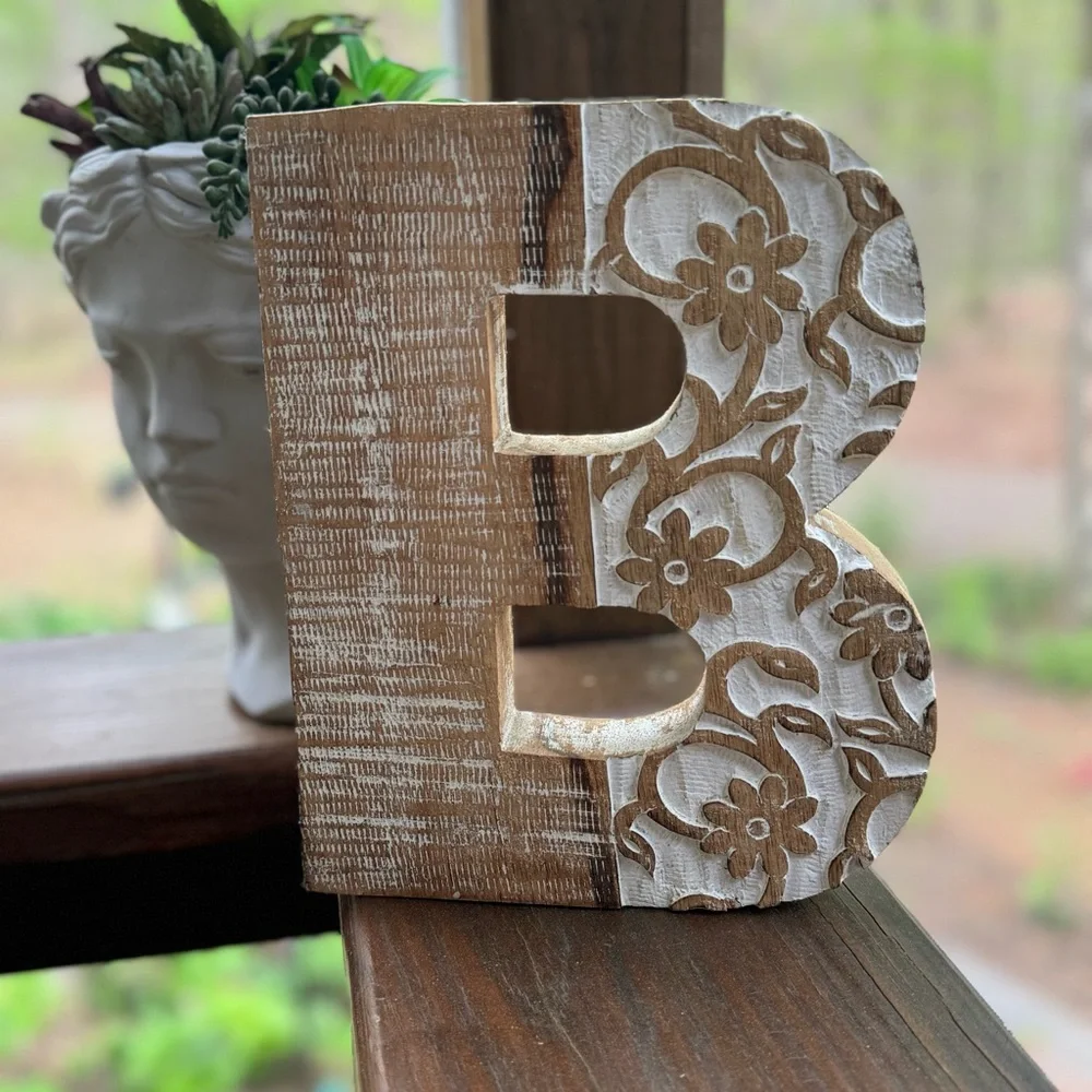 Wooden farmhouse “ M “ Cream Color with carved details;